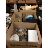 Four boxes of assorted glass and china a crolly doll etc