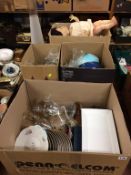 Four boxes of assorted glass and china a crolly doll etc