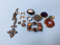 Assorted Scottish style jewellery, mounted with semi precious stones, a jet mounted cameo etc.