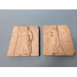 Two white marble plaques, decorated in relief with classical figures, 23 x 20cm