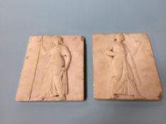 Two white marble plaques, decorated in relief with classical figures, 23 x 20cm