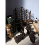 A Miners lamp, model galleon and five various figures