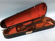 A violin and bow, in fitted 'coffin' case