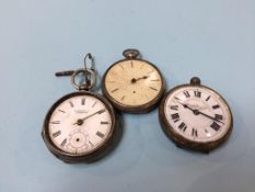 Two silver pocket watches and a railway watch