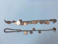 Two silver chains with some silver coins attached, total weight 5.6oz