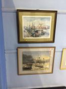 Ron Davidson, watercolour, signed, date 2001, 'Vessel at the harbour side', 31 x 43cm, and a print