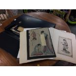 A collection of Japanese watercolours and prints etc.