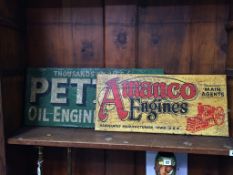 Two wooden advertising signs, 'Amanco Engines' and 'Petter Oil Engines', 60cm wide