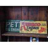 Two wooden advertising signs, 'Amanco Engines' and 'Petter Oil Engines', 60cm wide