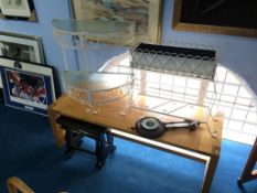 A light oak coffee table, walnut barometer, two metal work stands etc.