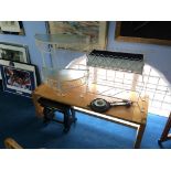 A light oak coffee table, walnut barometer, two metal work stands etc.