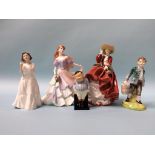 Four Royal Doulton figures and a Coalport figure