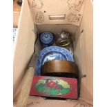 A box of assorted to include mantle clock, CWS biscuit tins, blue and white china etc.