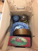 A box of assorted to include mantle clock, CWS biscuit tins, blue and white china etc.