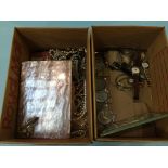 Two small boxes of watches, costume jewellery, coinage etc.