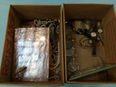 Two small boxes of watches, costume jewellery, coinage etc.