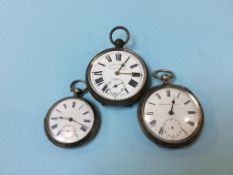 A silver chronometer pocket watch, a continental silver pocket watch and another