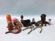 A tray of collectables, to include opera glasses, calendar and carved figures etc.