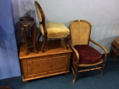 A Victorian nursing chair, a bergère chair, and a pine box etc.