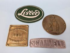 Four metalwork name plates