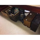 Sewing machine, paraffin lamp, two crackets, various light shades etc.