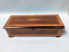 A good Edwardian rosewood and marquetry inlaid Swiss musical box playing 8 airs, 59cm wide