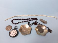 A string of amber coloured beads, a silver pocket watch etc.