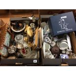 A box of assorted to include glass, jelly moulds, silver plate, shoe lasts, stamps etc.