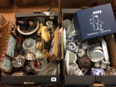 A box of assorted to include glass, jelly moulds, silver plate, shoe lasts, stamps etc.