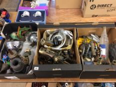 Three boxes to include live steam engine parts, head lamps, candlesticks etc.