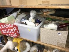 A shelf of assorted glassware