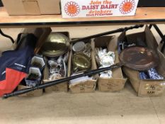 Five boxes of assorted, to include brass bedwarmers, Old Country Roses dinnerware etc.