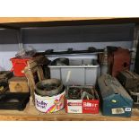 A shelf of assorted, to include an oil bottle and tools etc.