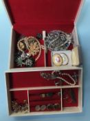 A jewellery box and contents, to include silver brooches, and rings etc.