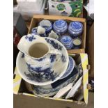 Two trays of blue and white china