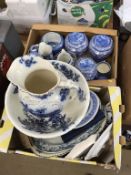 Two trays of blue and white china