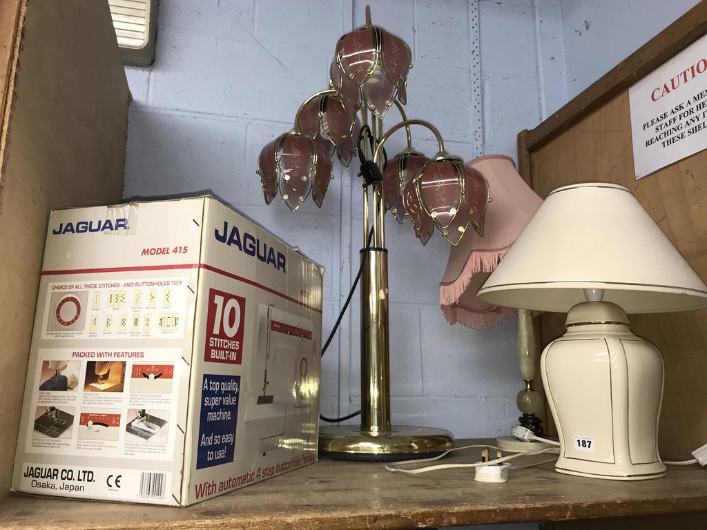 Various lamps and a sewing machine