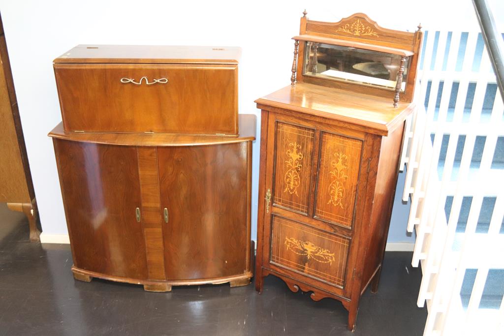 An Edwardian mirror back rosewood inlaid music cabinet and a Deco walnut cocktail cabinet
