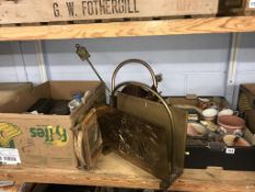 A shelf of assorted, to include a brass magazine rack etc.