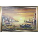 Dallas Simpson, oil on canvas, signed, 'Sunset over a harbour', 50cm x 75cm