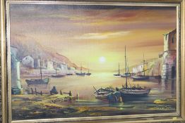 Dallas Simpson, oil on canvas, signed, 'Sunset over a harbour', 50cm x 75cm