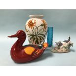 A Poole duck, a Whitefriars glass spill vase and Lladro etc.