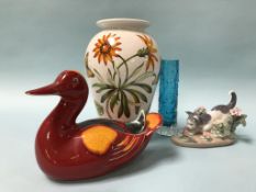 A Poole duck, a Whitefriars glass spill vase and Lladro etc.