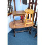 A copper top coffee table and two stools