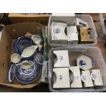 Three boxes of assorted blue and white and Ringtons china