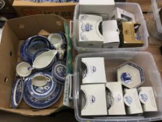 Three boxes of assorted blue and white and Ringtons china