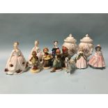 A pair of Minton vases, a Beswick dog, four Hummel figures and five Doulton figures