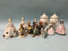 A pair of Minton vases, a Beswick dog, four Hummel figures and five Doulton figures