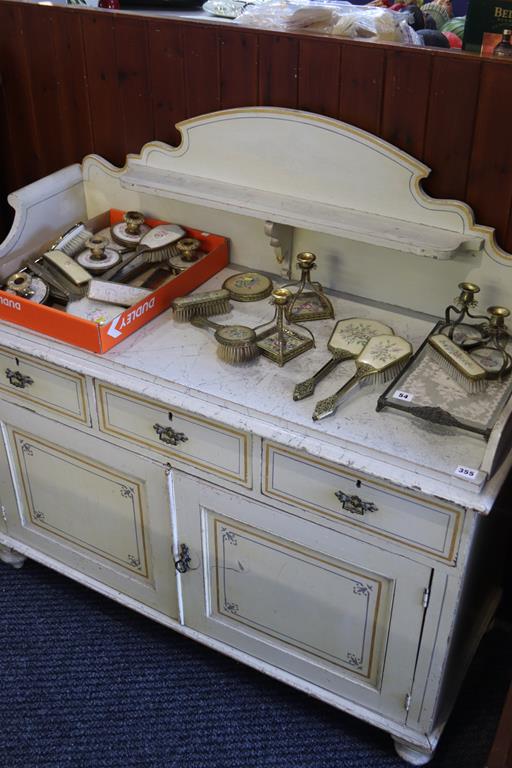 An Edwardian decorative grey painted pine side cabinet, 118cm width