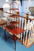 A mahogany three tier cake stand and an occasional table